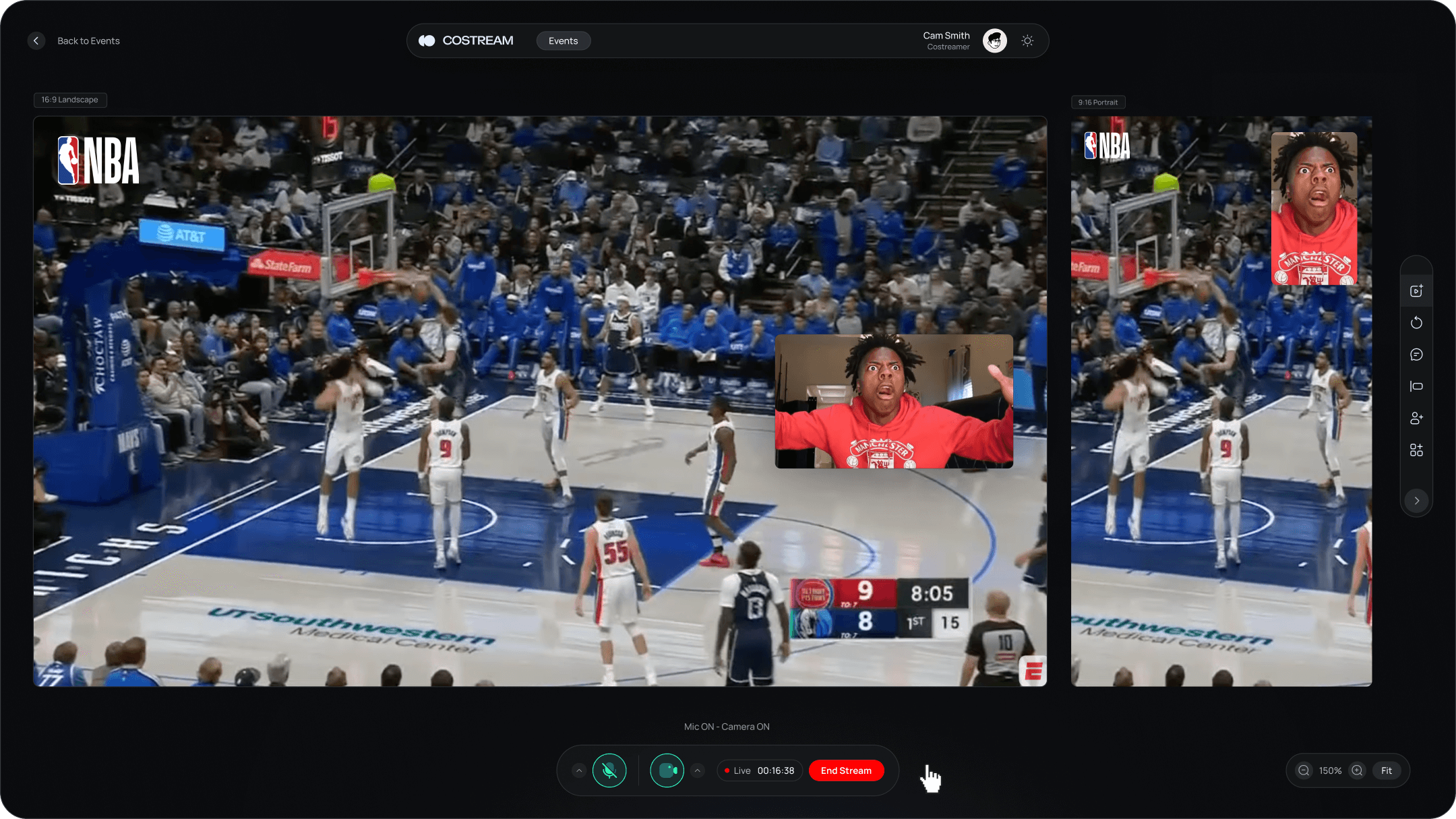 Live sports costream with multi-camera layout